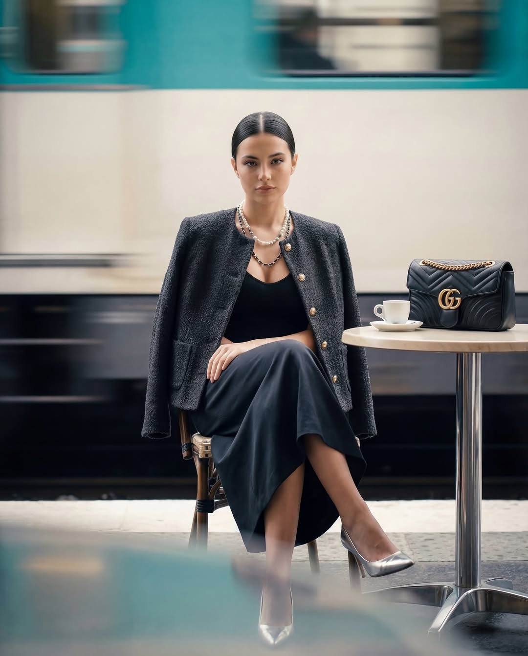 A woman sitting at a café table on a train platform, showcasing a wide-angle luxury-first framing with consistent character features.