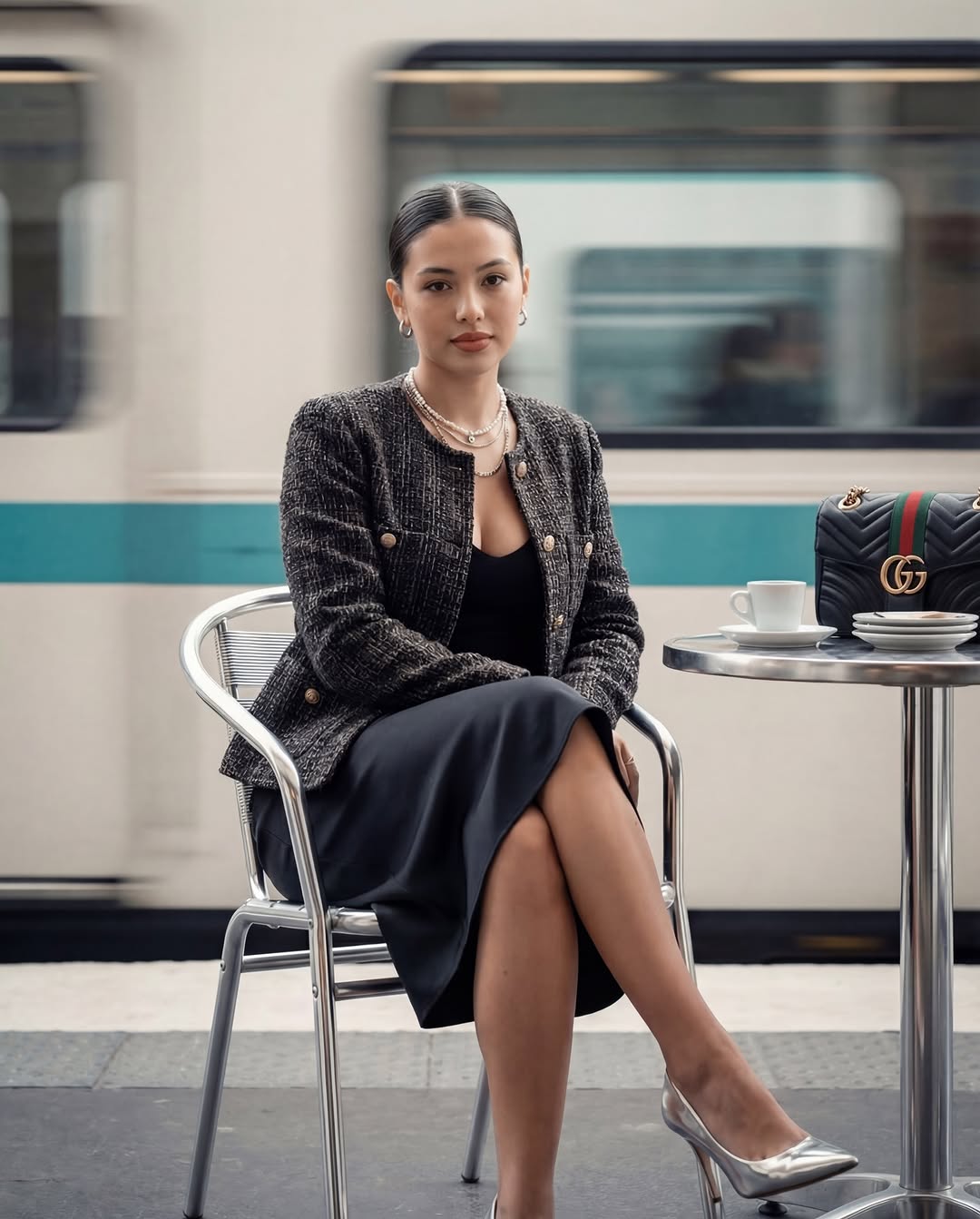 Close-up detail showing the texture of a tweed jacket and the high-fidelity branding on a luxury bag.
