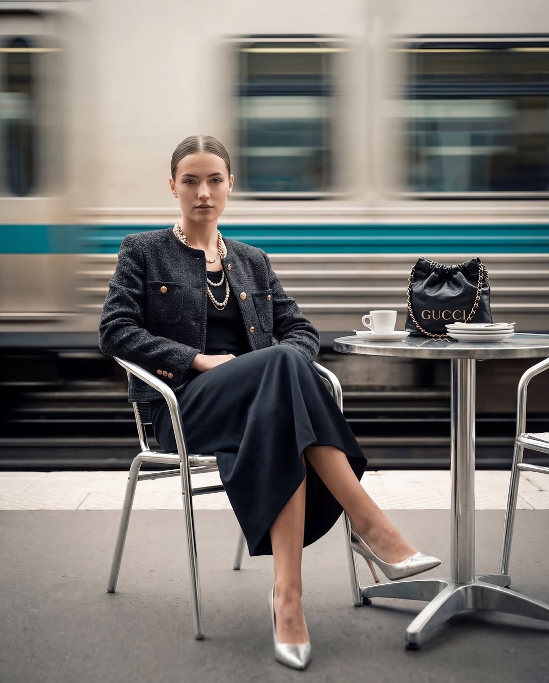An editorial shot featuring a sharp subject in the foreground with realistic cinematic motion blur of a train in the background.