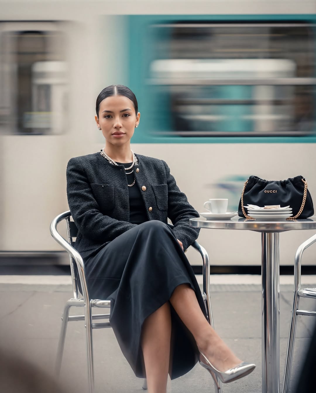 A final exhibit of the campaign showing the model’s consistent gaze and high-end lighting across the shoot.