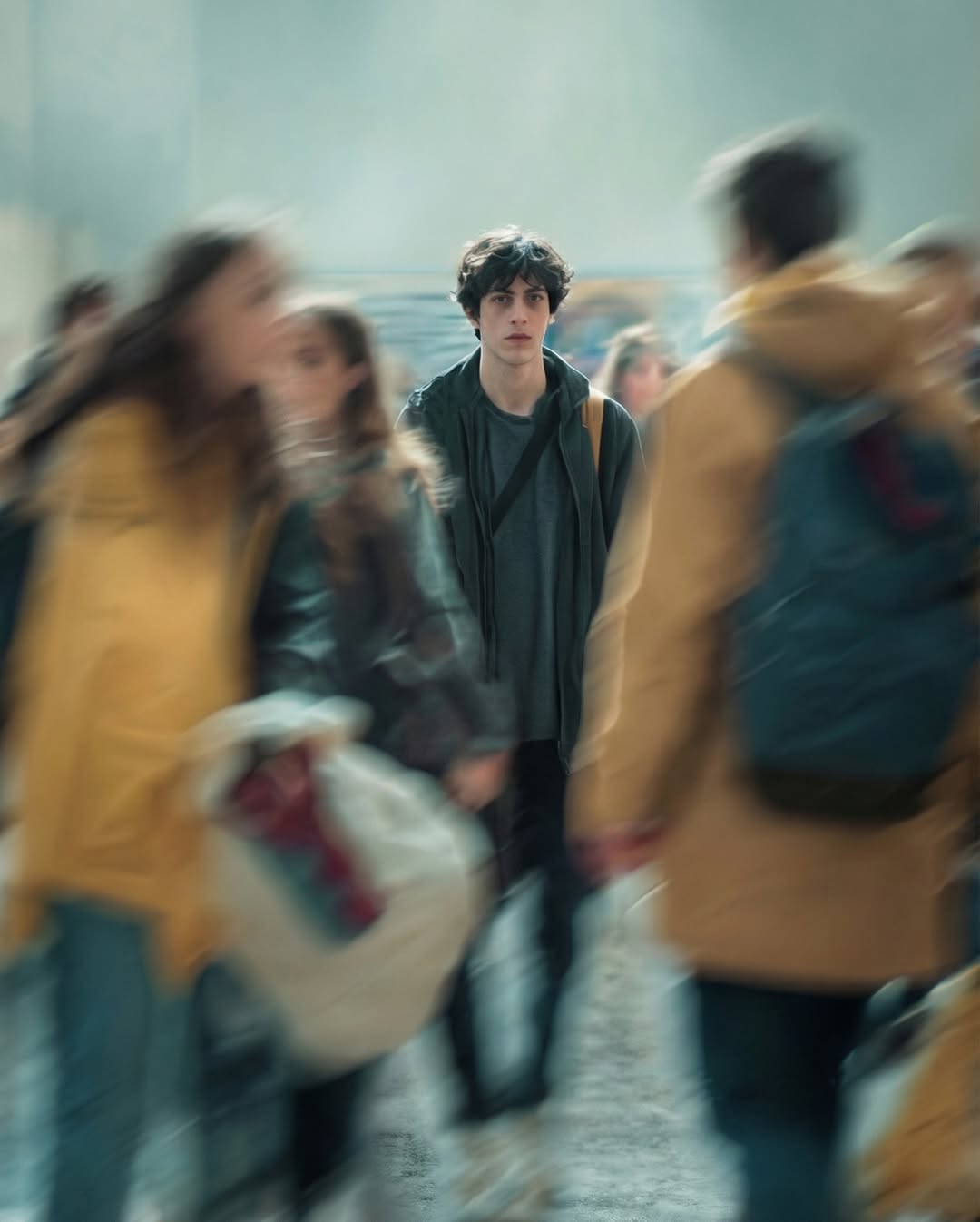 Cinematic shot with motion blur showing a person still in a crowd