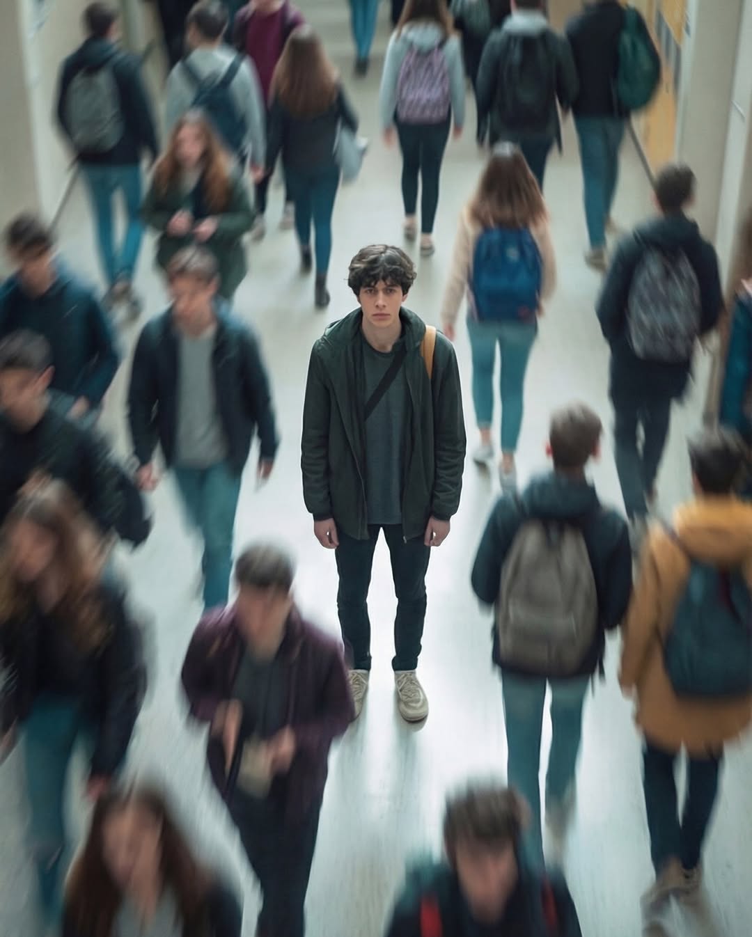 Hyperrealistic overhead cinematic wide shot of a boy in a school hallway
