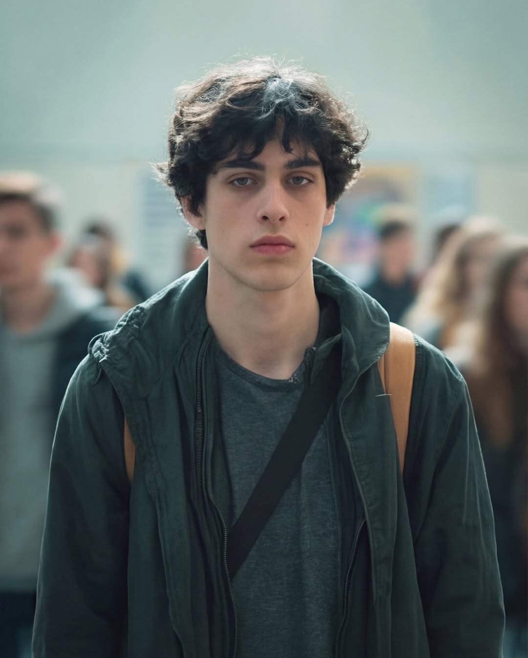 Extreme close-up portrait of a teenager in a green hoodie