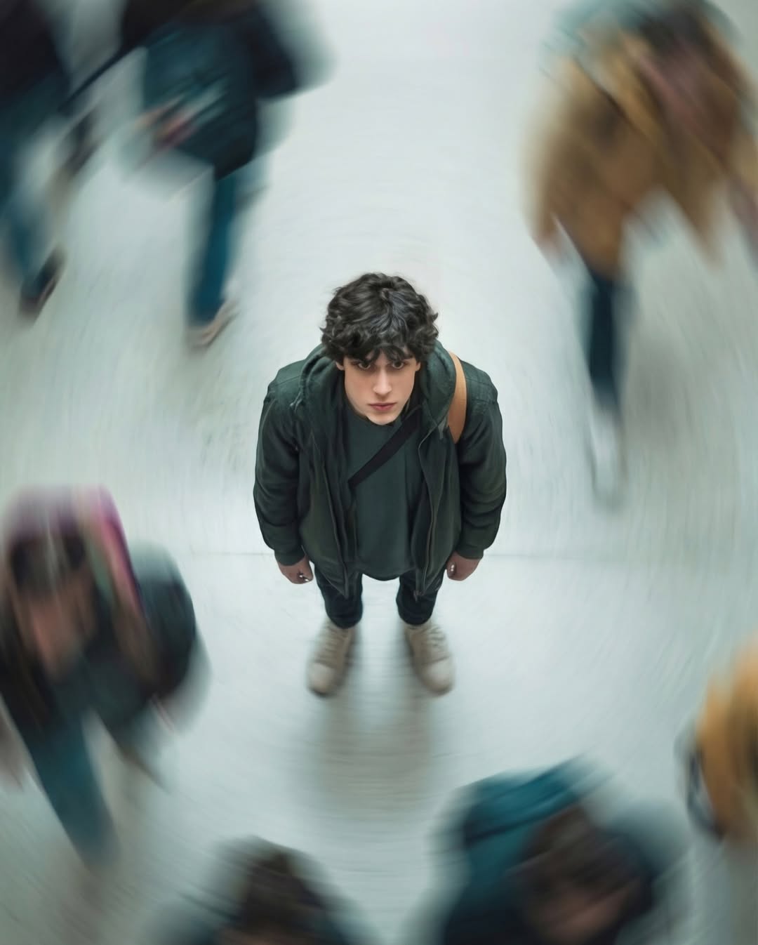 Cinematic high angle top-down long shot of a boy standing still
