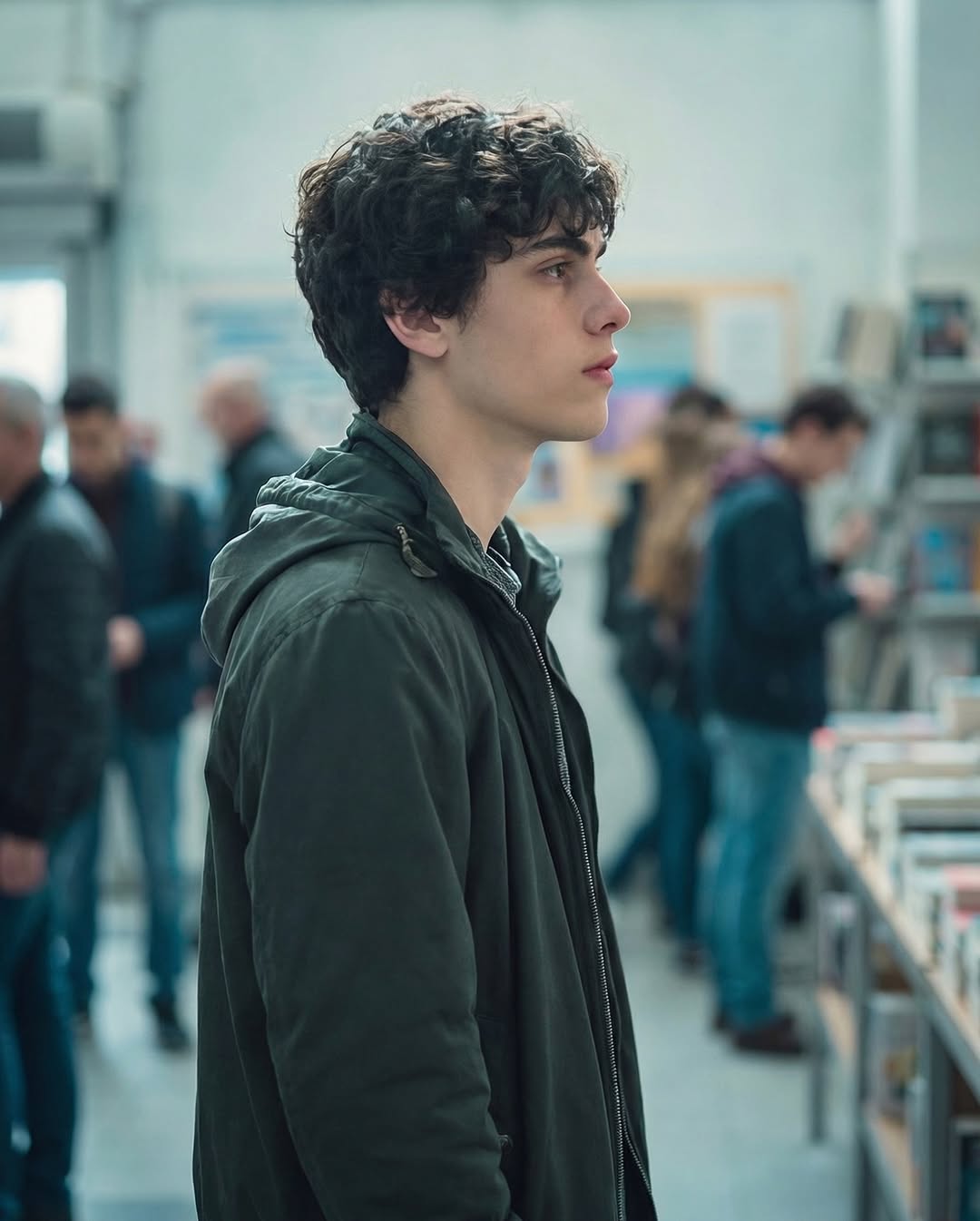 Side profile view of the same teenage boy in a bookstore