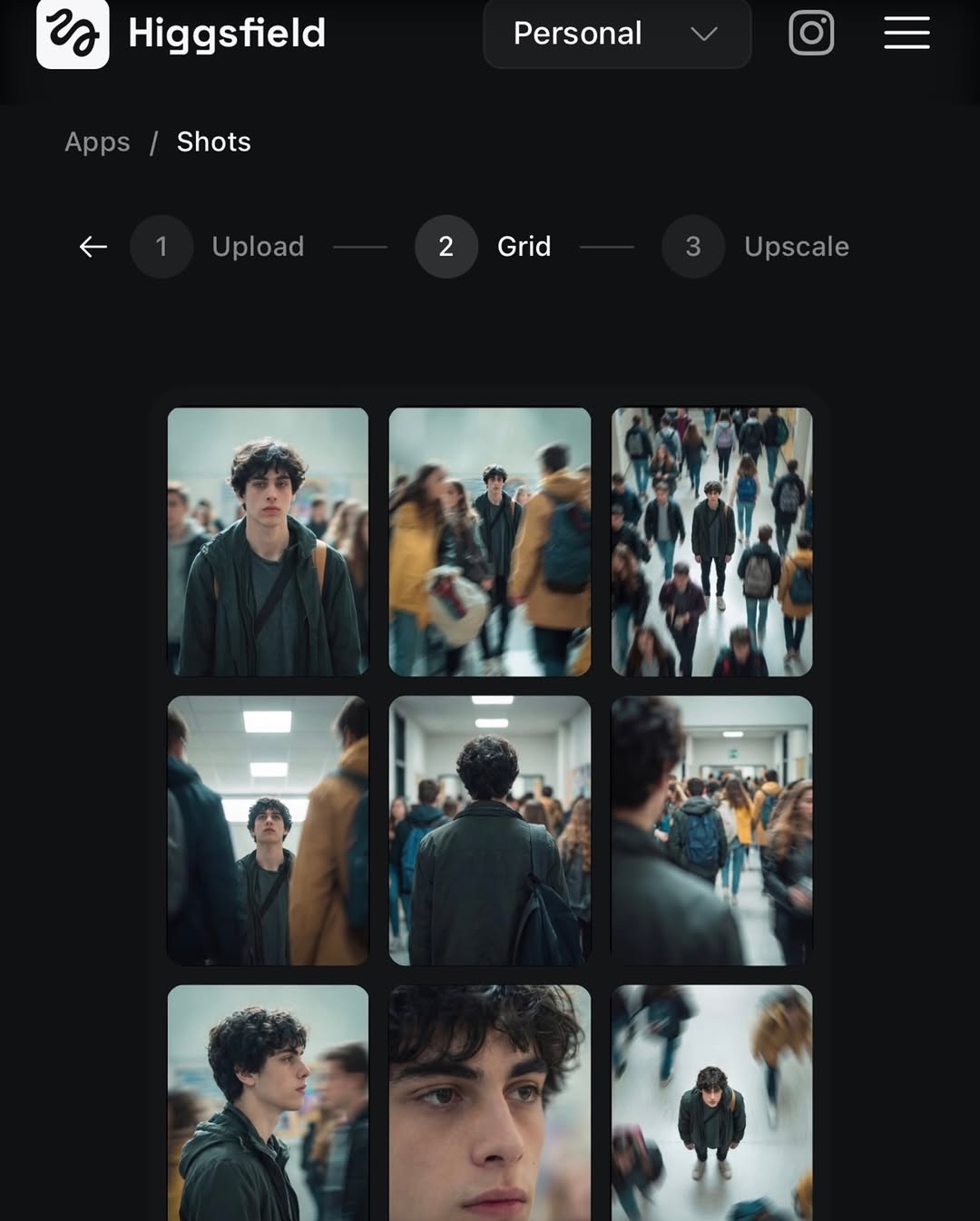 Higgsfield AI user interface showing the 3-step logic: Upload, Grid, and Upscale